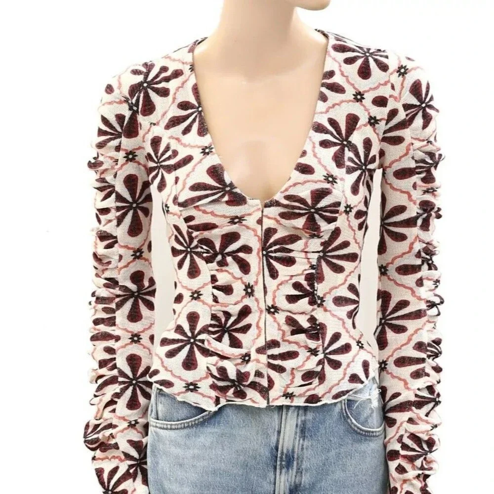 Free People Through The Meadow Blouse Top Ruched Floral Printed Cotton L 288427